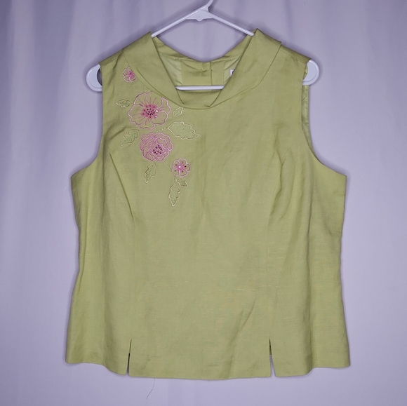 Vintage Tops - Plaza South Y2K Linen-Blend Embroidered Floral Zip Green Pink Old Money Classic